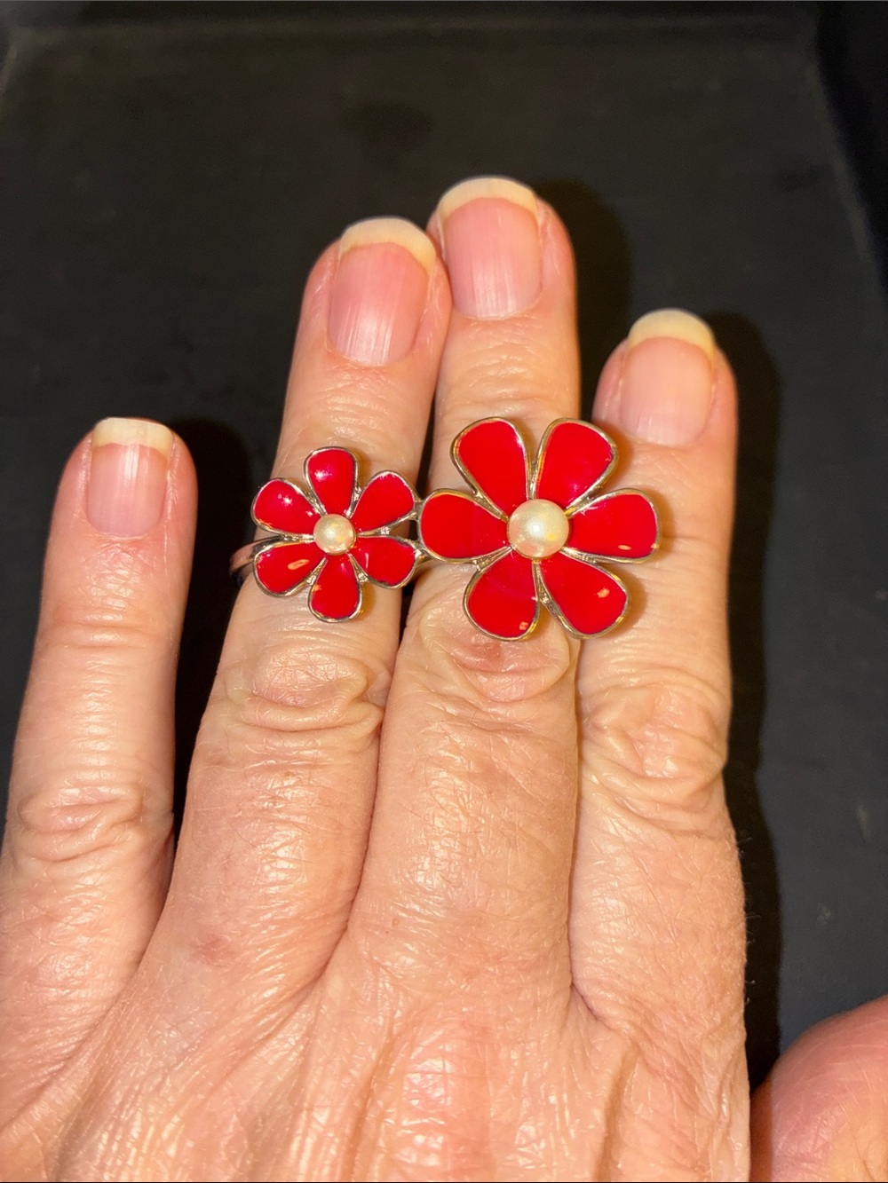 Enamel Red Flower Double Ring with Faux Pearl Center
